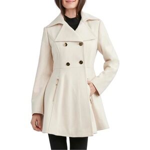 LAUNDRY Double-Breasted Melton Fit & Flare Skirted Pea Coat Ivory PS SP $315